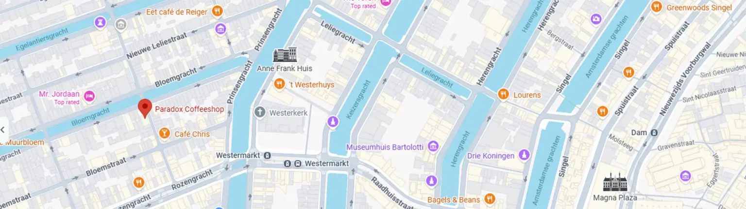Map showing the location of Paradox Coffeeshop in Amsterdam’s Jordaan